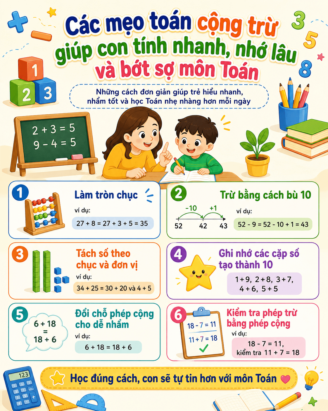 Các mẹo toán cộng trừ giúp con tính nhanh, nhớ lâu và bớt sợ môn