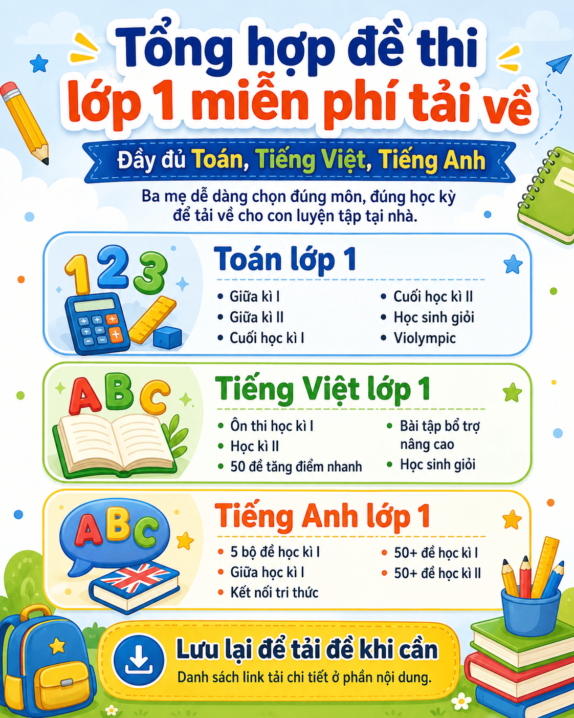 Tổng hợp đề thi lớp 1 miễn phí tải về – Đầy đủ Toán, Tiếng Việt, Tiếng Anh