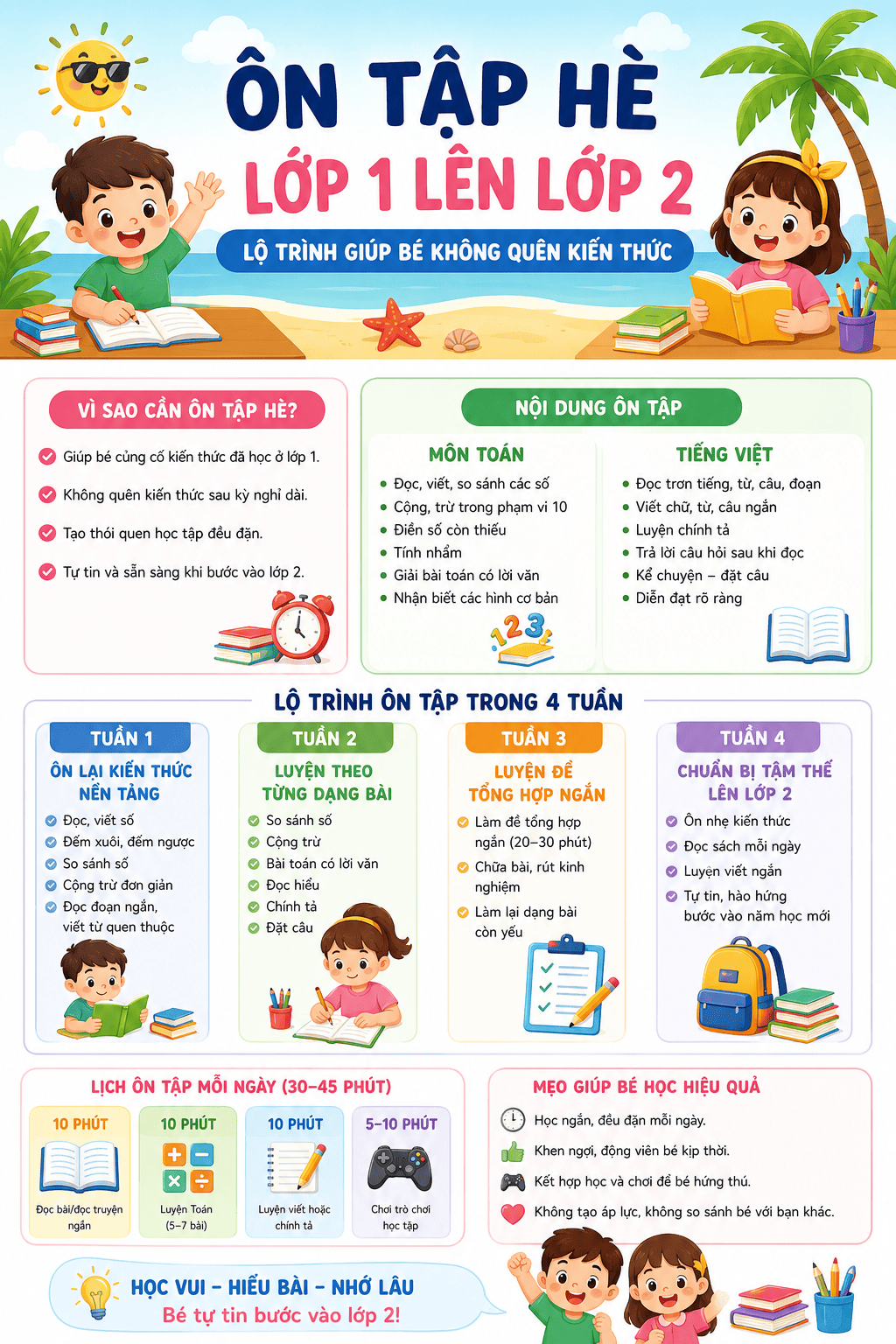 Ôn tập hè lớp 1 lên lớp 2: Lộ trình giúp bé không quên kiến thức sau kỳ nghỉ