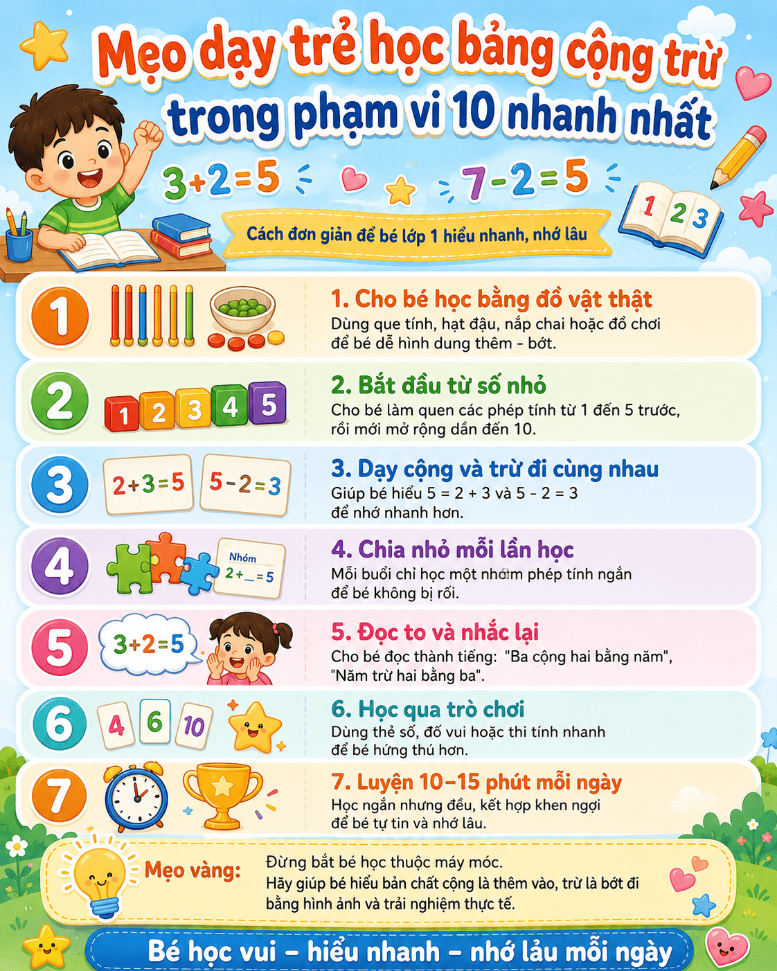 Mẹo dạy trẻ học bảng cộng trừ trong phạm vi 10 nhanh nhất