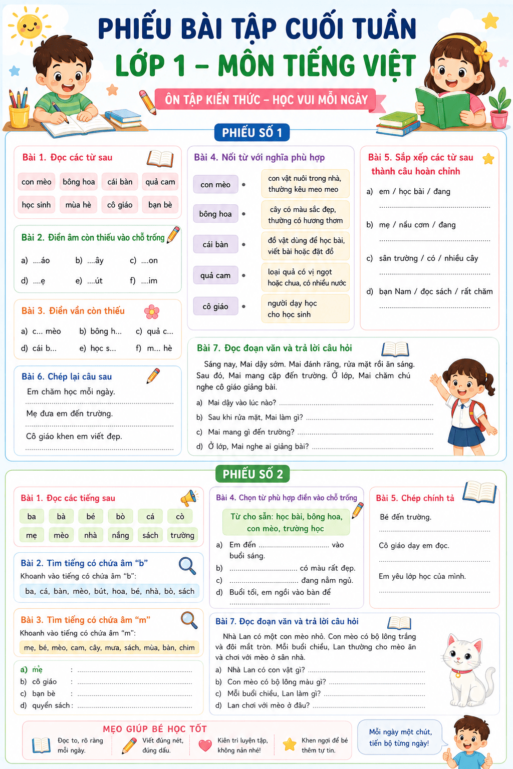 Phiếu bài tập cuối tuần lớp 1 môn Tiếng Việt cho bé luyện đọc, viết tại nhà