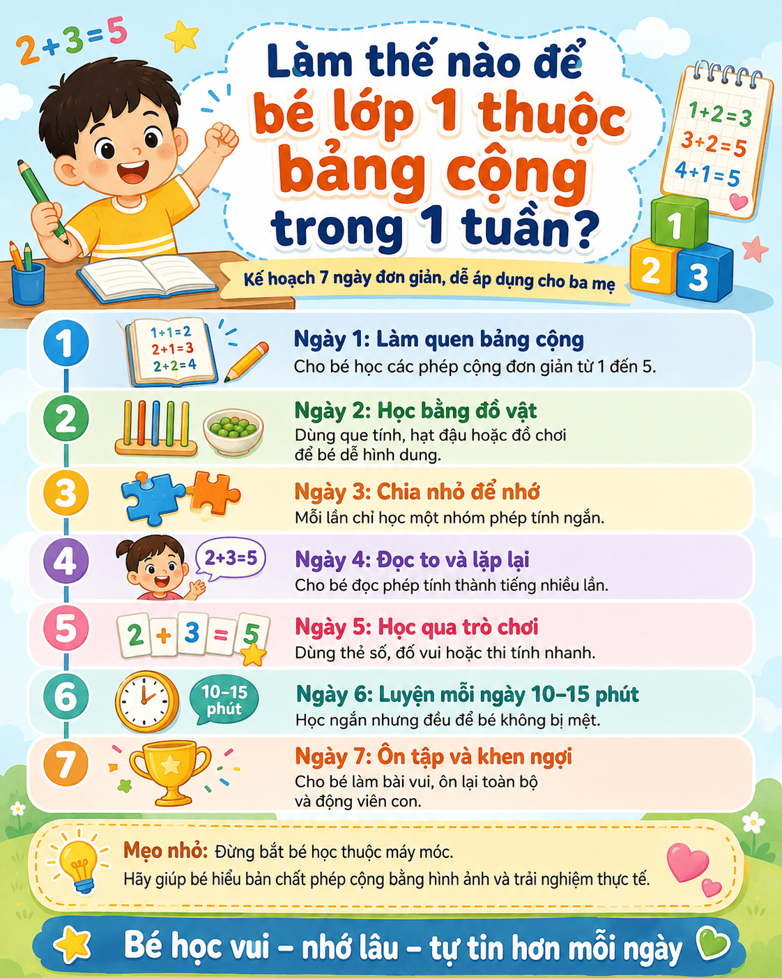 Làm thế nào để bé lớp 1 thuộc bảng cộng trong 1 tuần