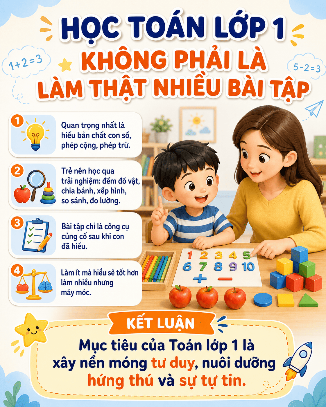 Học Toán lớp 1 không phải là làm thật nhiều bài tập