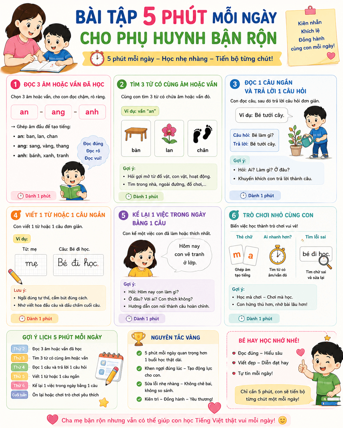 Bài tập 5 phút mỗi ngày cho phụ huynh bận rộn