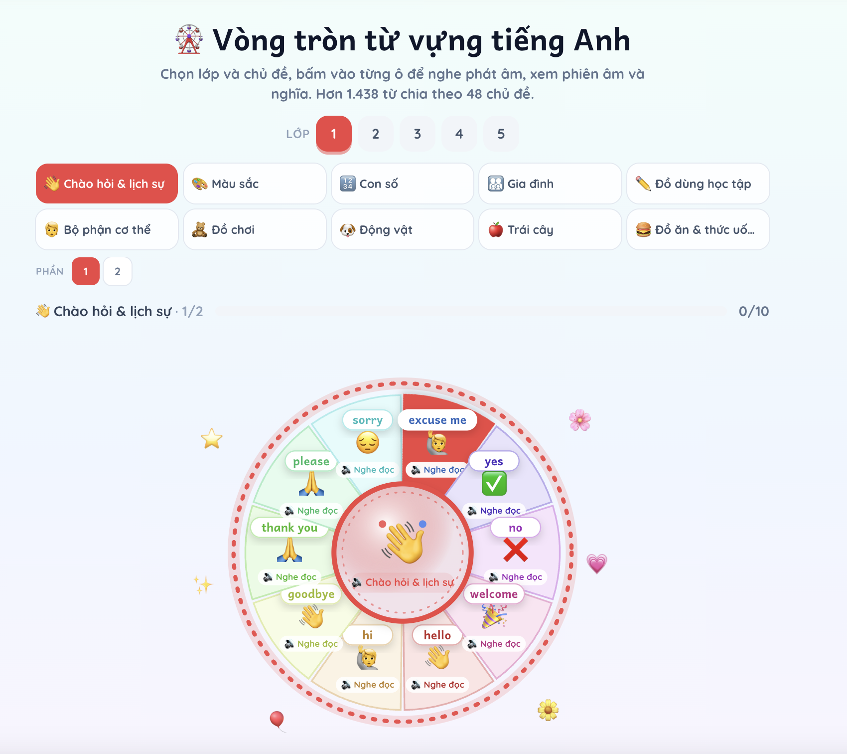 Vòng tròn từ vựng tiếng Anh: bé học theo lớp và theo chủ đề, nghe cả Anh lẫn Việt